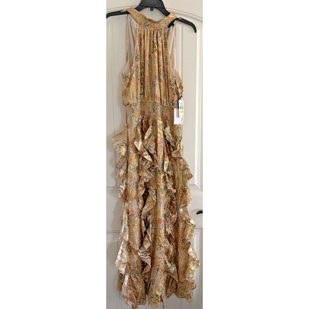 1.STATE Women's Sleeveless Cascading Ruffle Maxi Dress Cream Gold Multi Size M - Picture 5 of 15